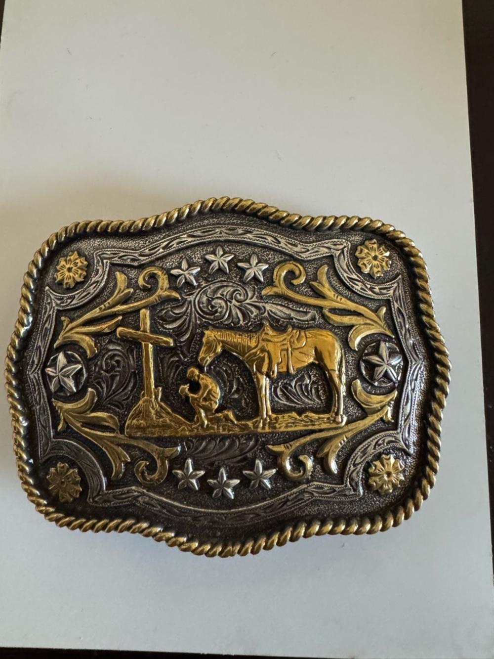 Western Horse & Rider Embossed Buckle in Gold and Silver Tones